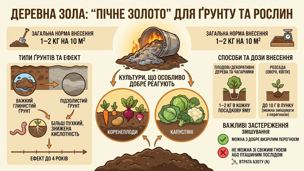 Інфографіка про застосування деревної золи як добрива на городі: норми внесення, користь попелу для ґрунту та поради щодо підживлення рослин. Ілюстрація створена нейромережею Nano Banana.