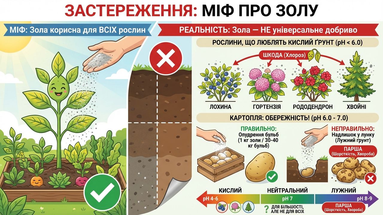 Інфографіка про застосування попелу на городі: міфи та реальність про золу як універсальне добриво, вплив на pH ґрунту та перелік рослин, яким вона шкодить. Ілюстрація створена нейромережею Nano Banana.