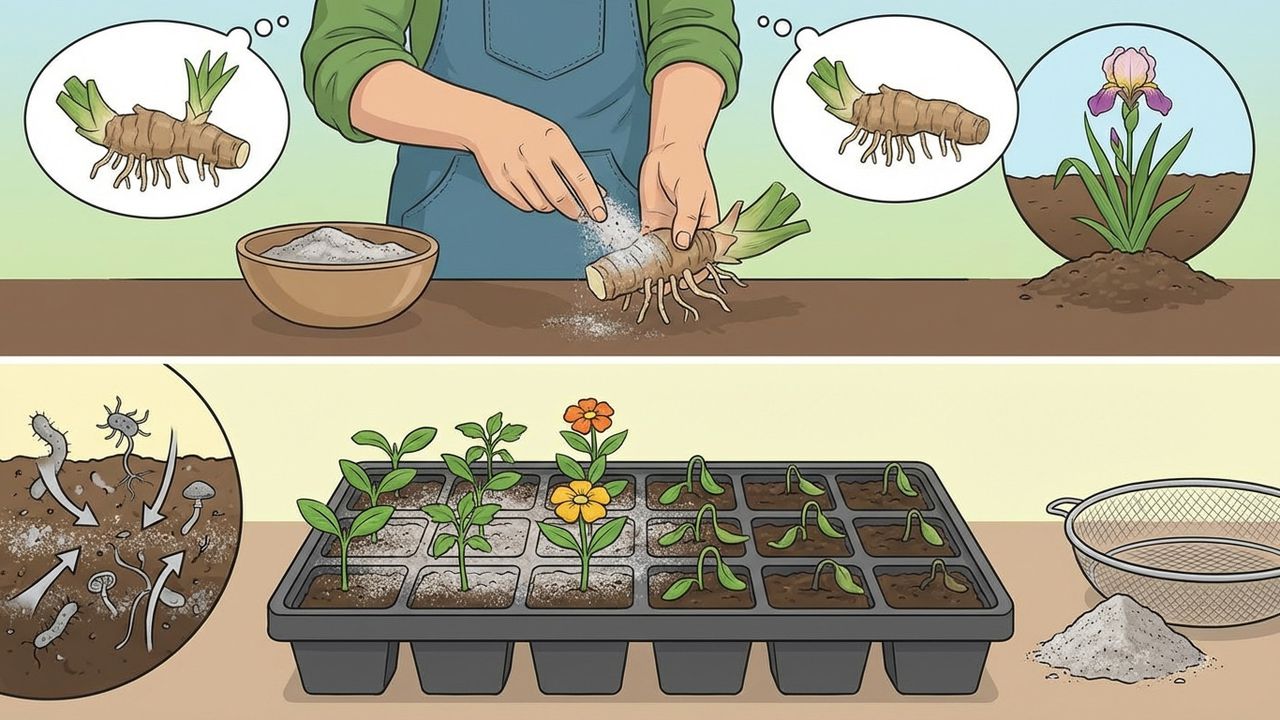 Застосування деревного попелу на городі: обробка коріння ірисів та підживлення розсади для захисту від хвороб і шкідників. Ілюстрація створена нейромережею Nano Banana.