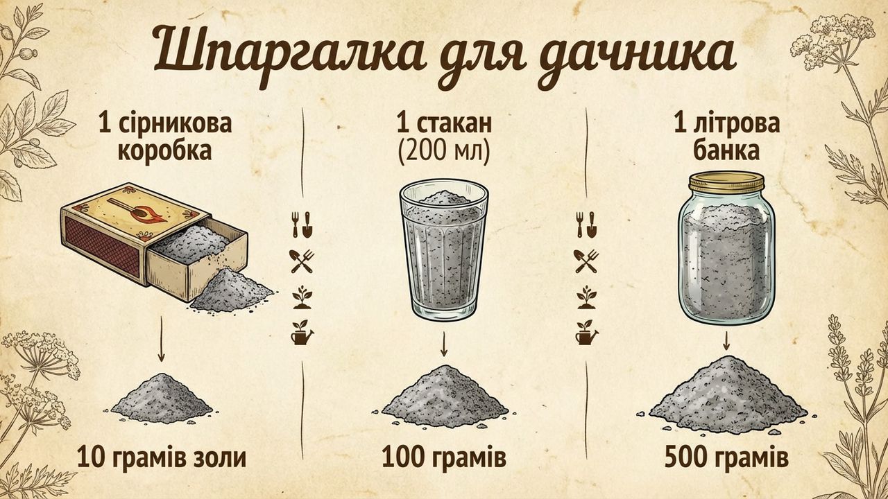 Шпаргалка для дачника: як відміряти деревний попіл для городу — вага золи в сірниковій коробці, склянці та літровій банці. Ілюстрація створена нейромережею Nano Banana.