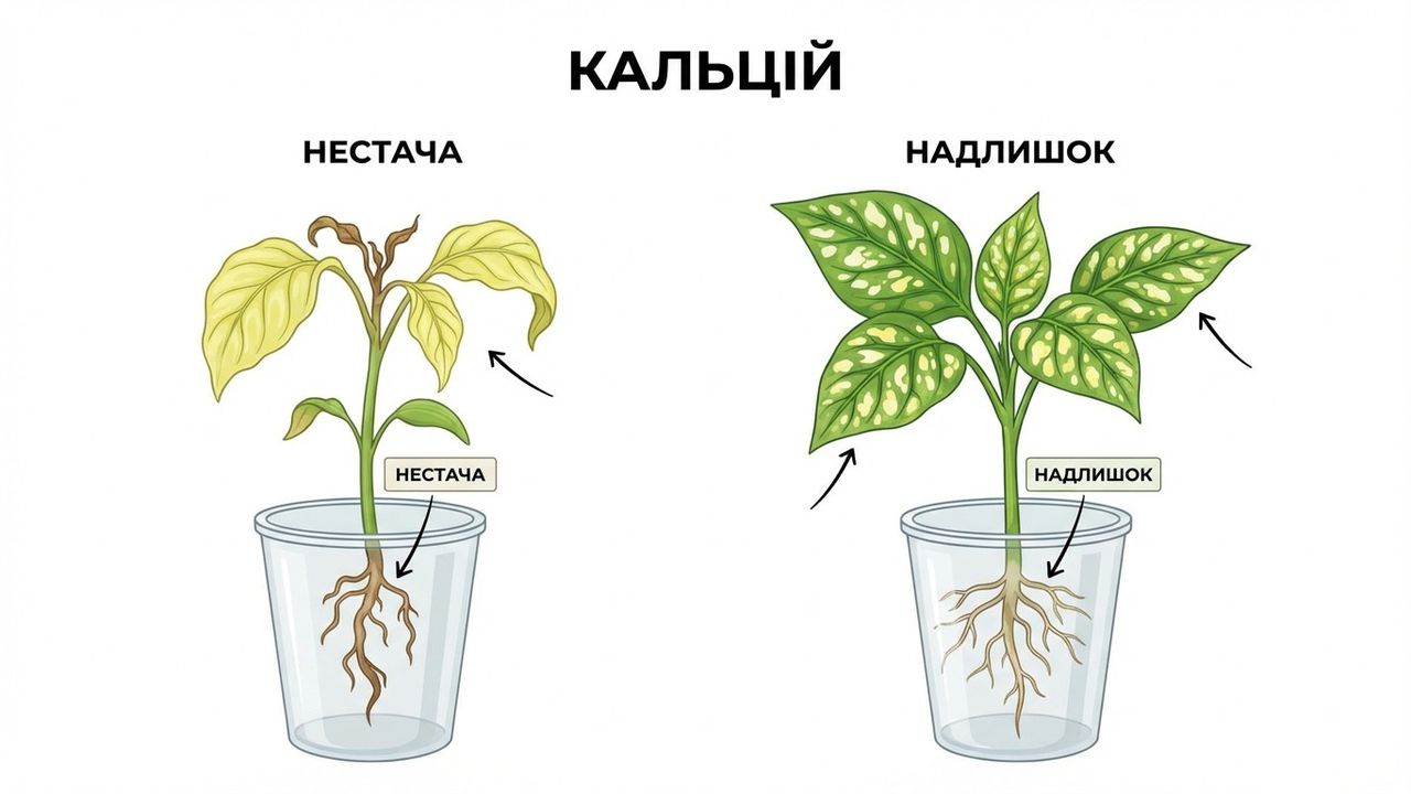 Ілюстрація ознак нестачі та надлишку кальцію на листі розсади — створена нейромережею Nano Banana.