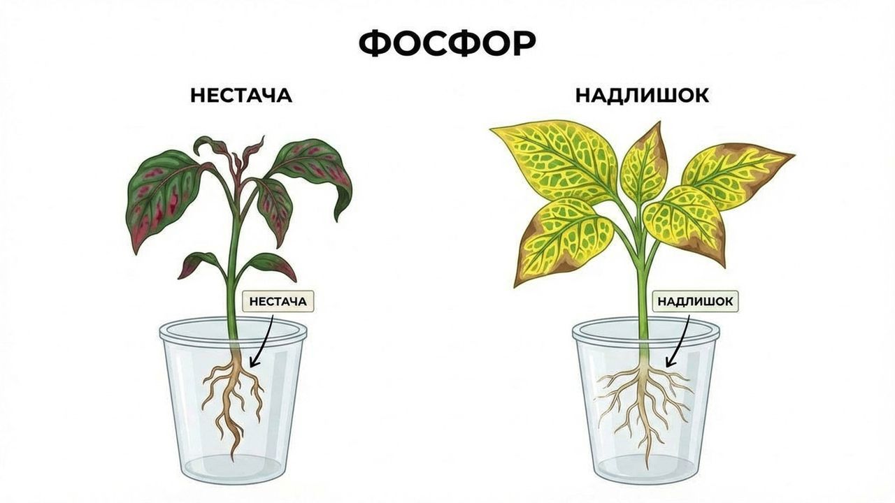 Ілюстрація ознак нестачі та надлишку фосфору на листі розсади — створена нейромережею Nano Banana.