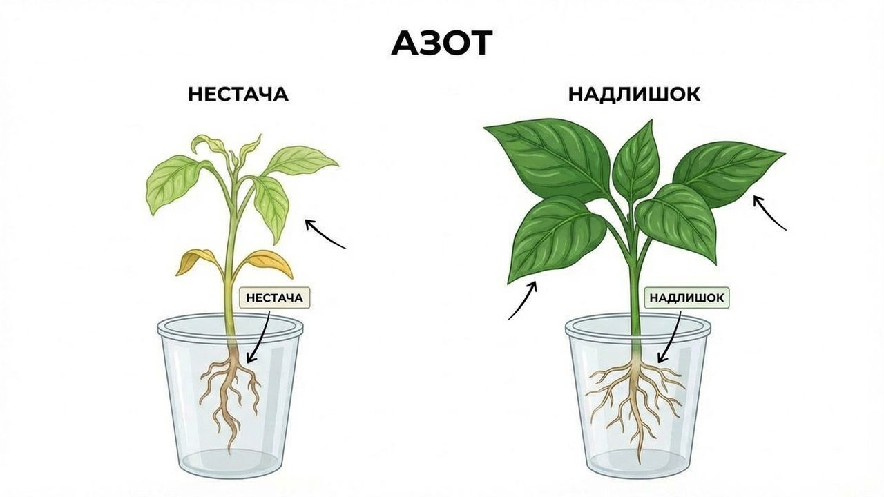 Ілюстрація ознак нестачі та надлишку азоту на листі розсади — створена нейромережею Nano Banana.