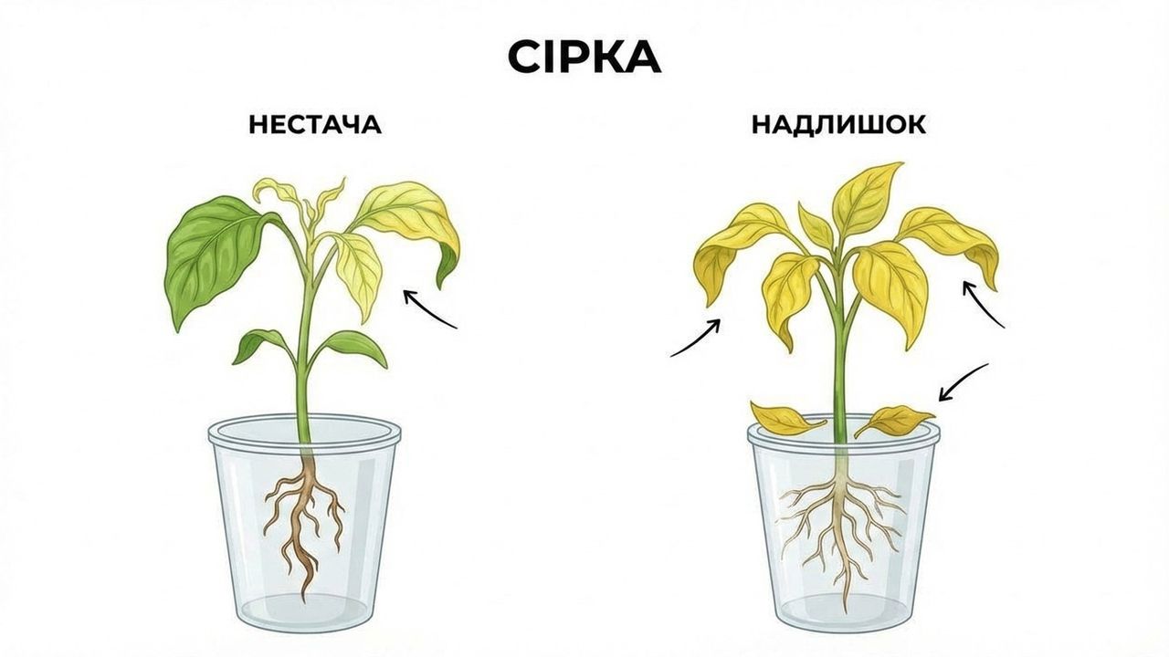 Ілюстрація ознак нестачі та надлишку сірки на листі розсади — створена нейромережею Nano Banana.