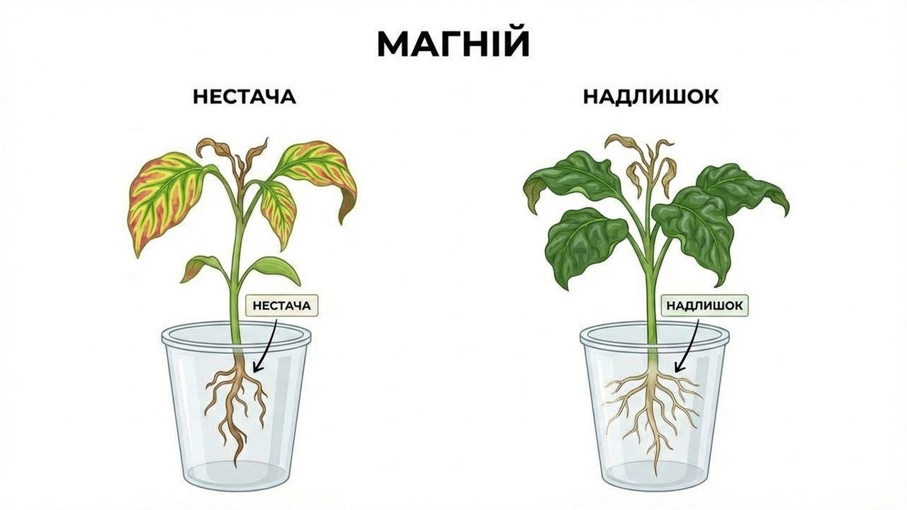 Ілюстрація ознак нестачі та надлишку магнія на листі розсади — створена нейромережею Nano Banana.
