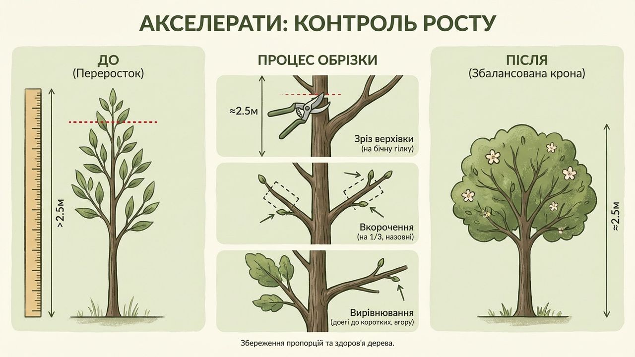 Схема першої обрізки молодого саджанця після посадки для формування крони, створена нейромережею Nano Banana.
