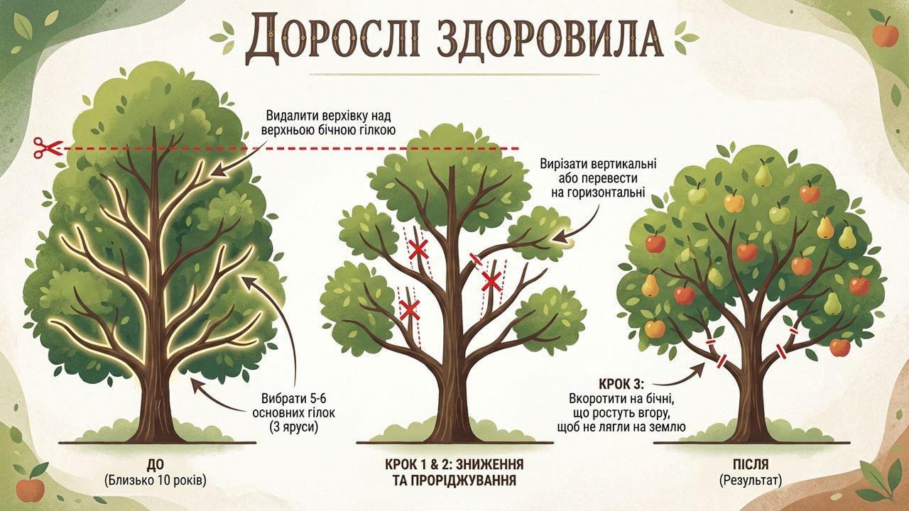 Інфографіка як треба знизити крону зрілого дерева, створена нейромережею Nano Banana.