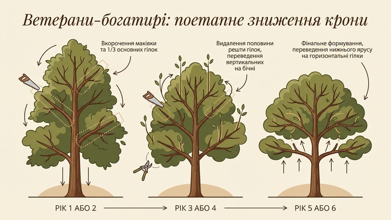 Інфографіка зниження крони старих запущених дерев створена нейромережею Nano Banana.