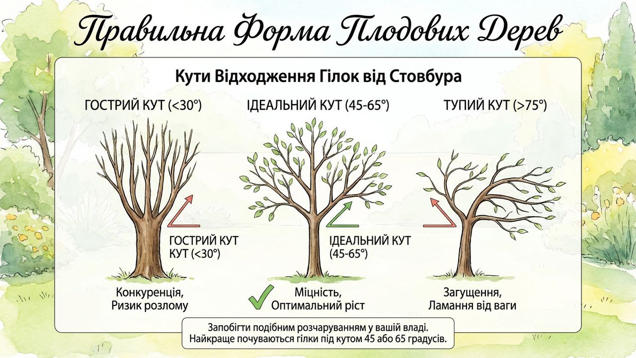 Правильна форма плодових дерев, інфографіка створена нейромережею Nano Banana.