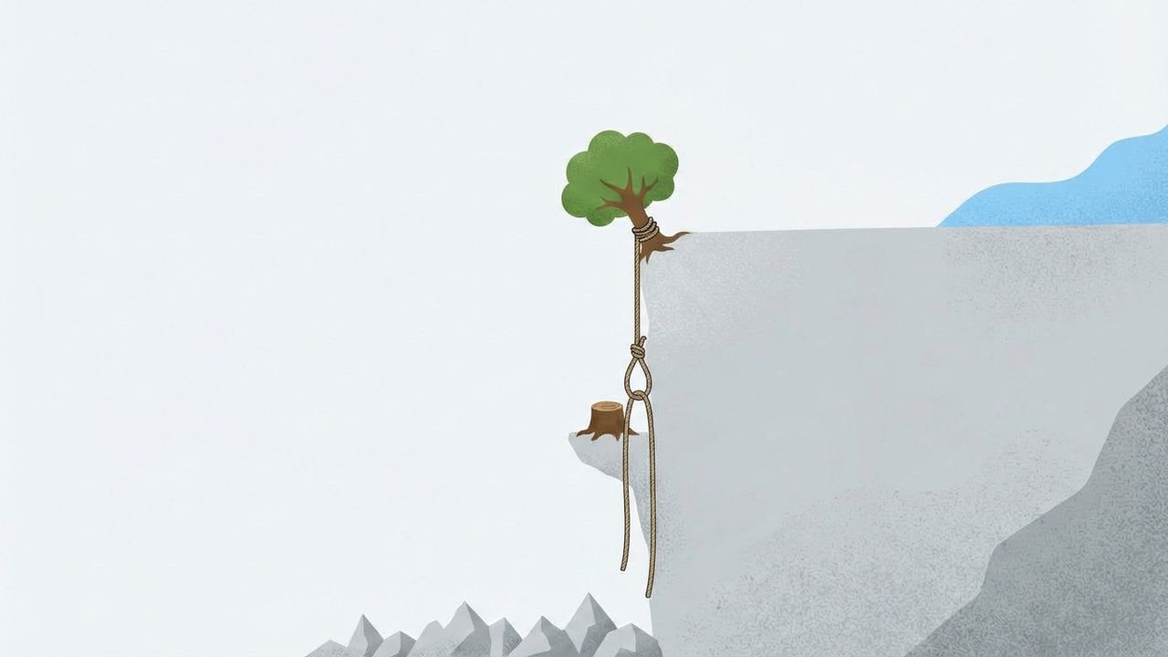 Рішення головоломки про альпініста: ілюстрація зі скелею, мотузкою, деревом на вершині та пеньком на виступі.