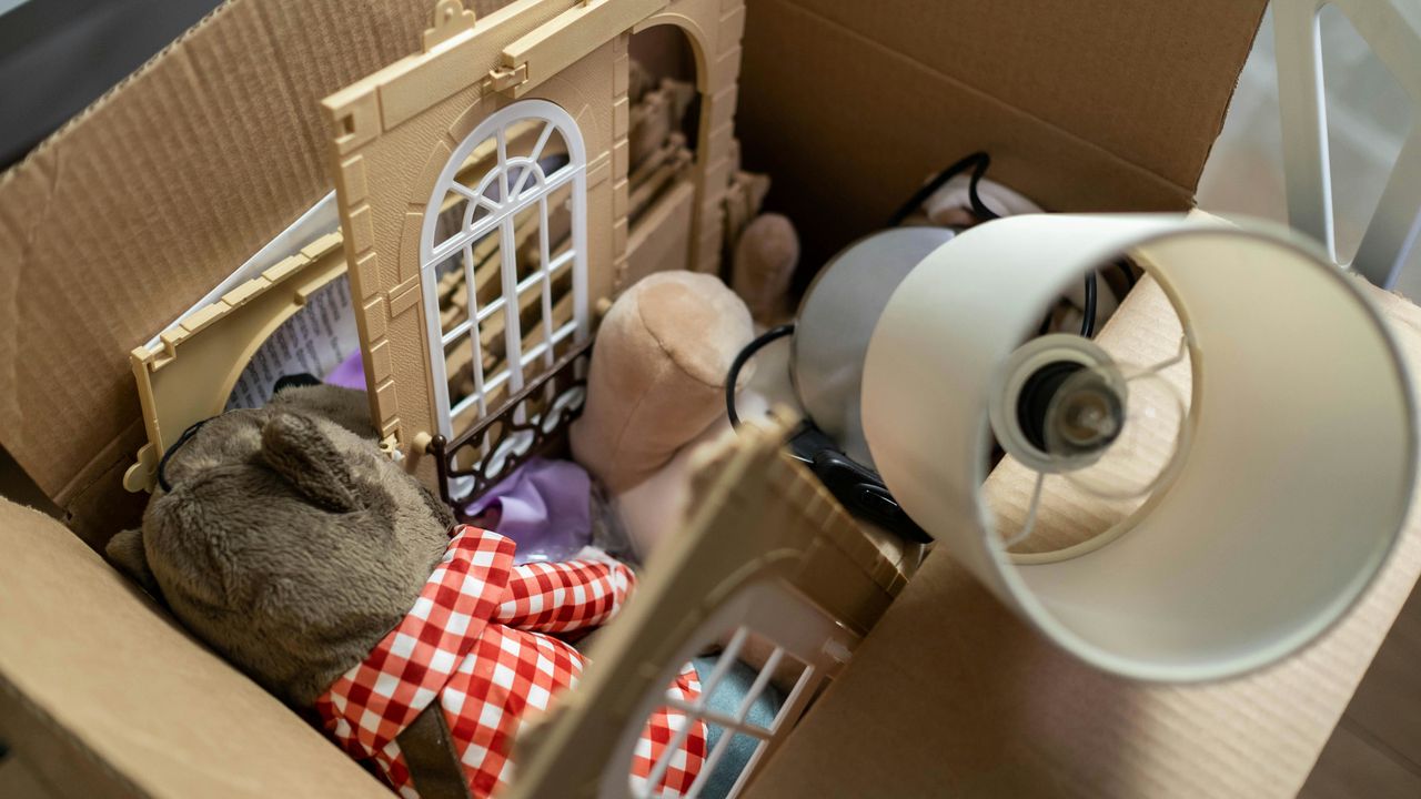 Очищення простору за методом Марі Кондо: картонна коробка зі старими іграшками та речами під час розхламлення квартири.